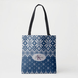 Personalise Faux Wool Knit Pattern Blue and White Tote Bag