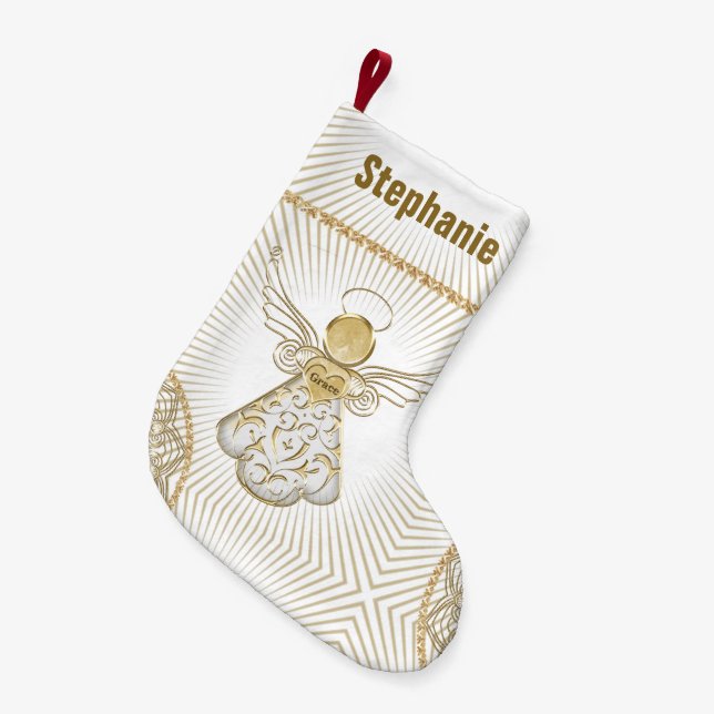 Personalise:  Filigree Christmas Angel of Grace Small Christmas Stocking (Front (Hanging))