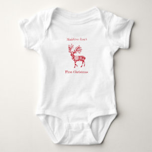 Personalise First Christmas Red Christmas Reindeer Baby Bodysuit