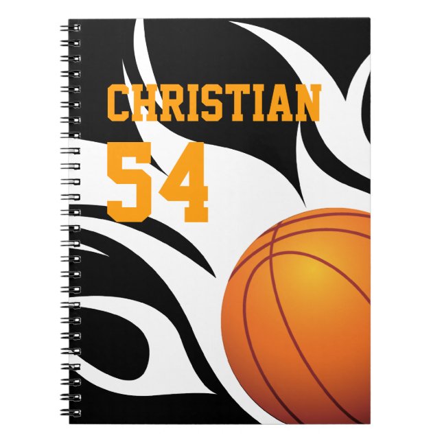 Personalise Flaming Basketball B/W Spiral Notebook (Front)