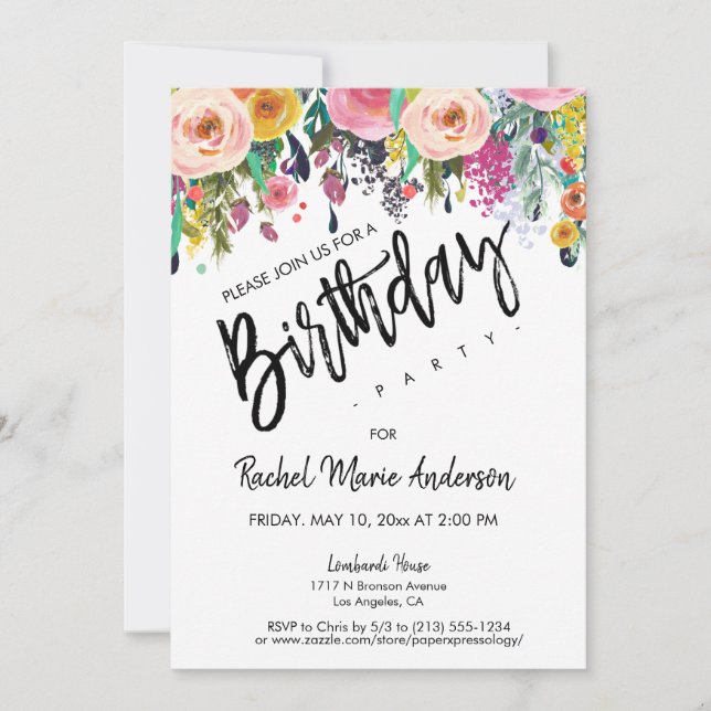Personalise Floral Blooms Script Birthday Party  Invitation (Front)