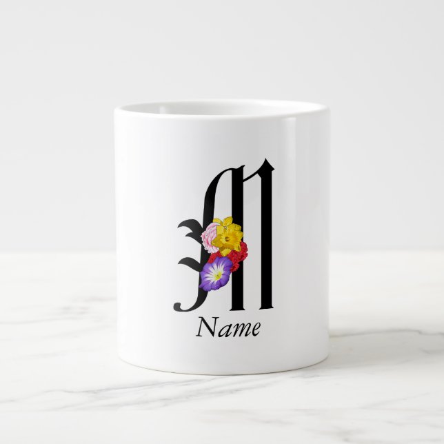 Personalise Floral Monogram M + Name  Large Coffee Mug (Front)