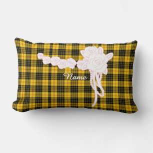 Personalise Flower Trim Yellow Plaid Decorator  Lumbar Cushion