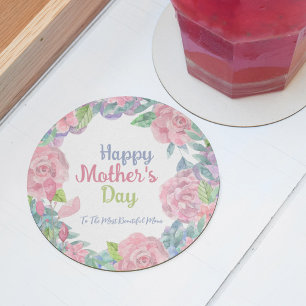 Personalise Flowery Watercolor Mother's Day Round Paper Coaster