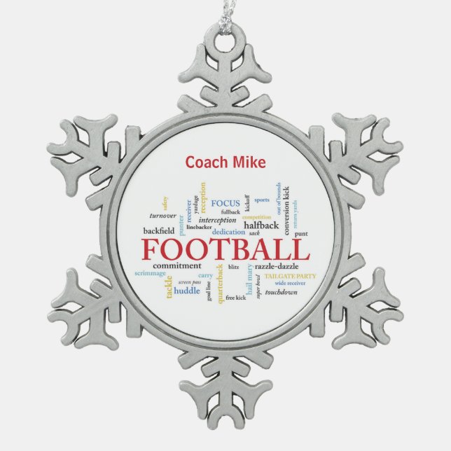 Personalise, Football Coach Thank You in Words Snowflake Pewter Christmas Ornament (Front)
