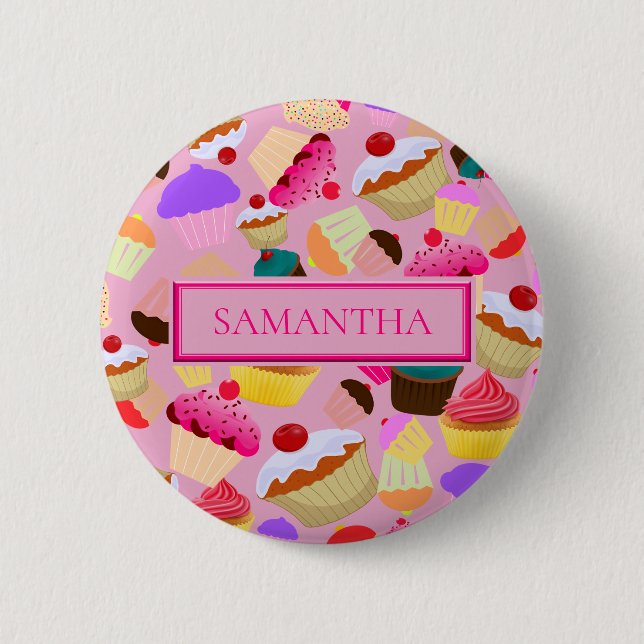 Personalise .. Fun, Bright Pink Cupcake 6 Cm Round Badge (Front)