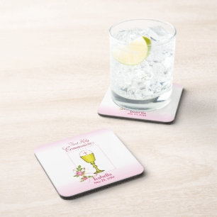 Personalise Girl Name Pink First Holy Communion Coaster