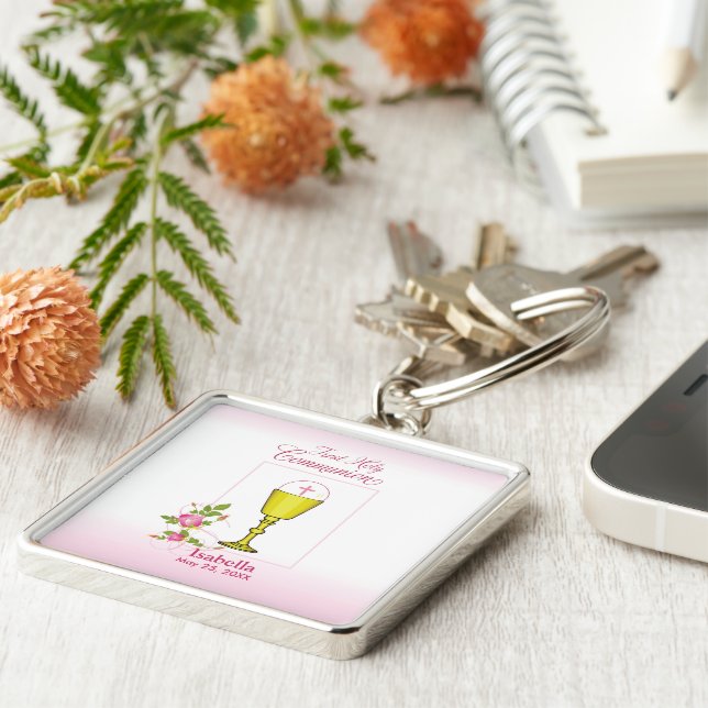 Personalise Girl Name Pink First Holy Communion Key Ring (Side)