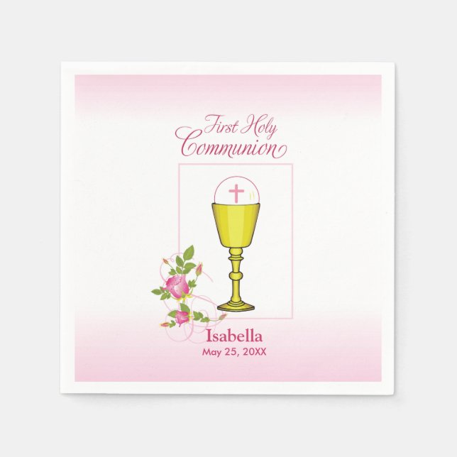 Personalise Girl Name Pink First Holy Communion Napkin (Front)