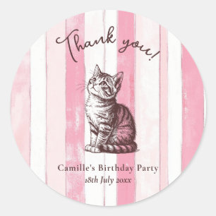 Personalise Girl Vintage Pink Kitten Birthday Classic Round Sticker