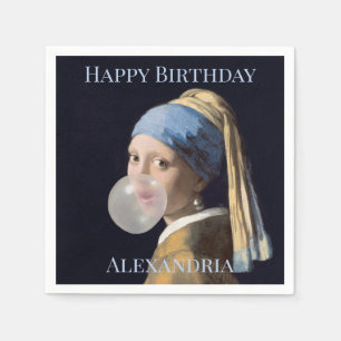 Personalise Girl with pearl earring blowing gum Napkin