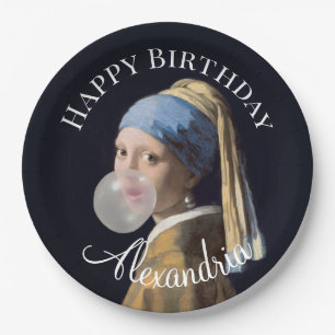 Personalise Girl with pearl earring blowing gum  Paper Plate