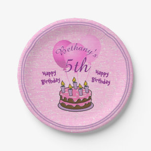 Personalise: Girls 5th Birthday Textured Pink Paper Plate