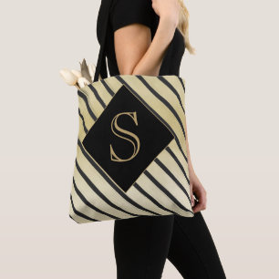 Personalise Girly Monogram Chic Black Gold Stripe Tote Bag