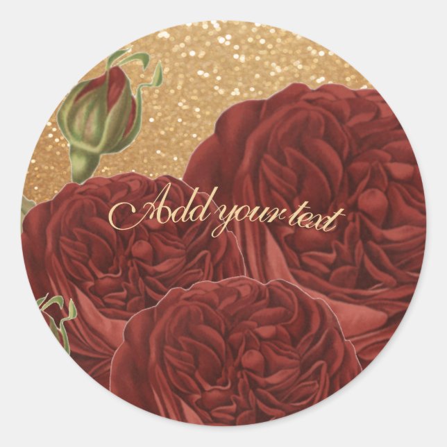 Personalise Glitter Gold and Red Roses Classic Round Sticker (Front)