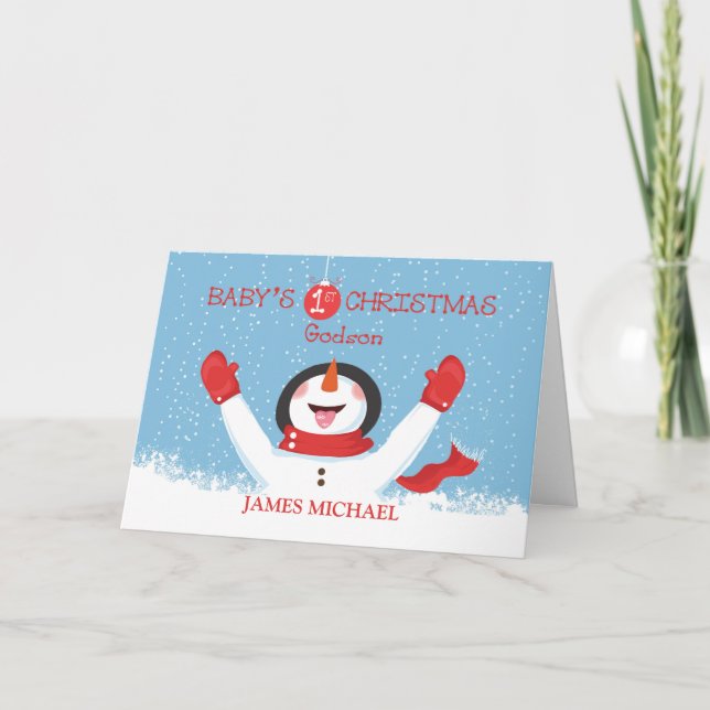 Personalise Godson Name Christmas Snowman Card (Front)