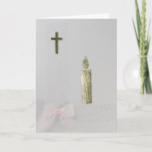 Personalise Gold Holy cross, candle and pink bow Card