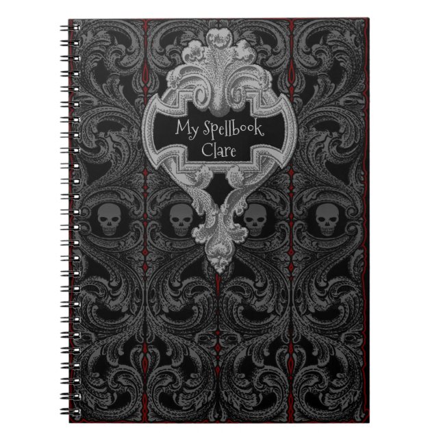 Personalise Goth Grey  Ornament & Skull Spellbook Notebook (Front)