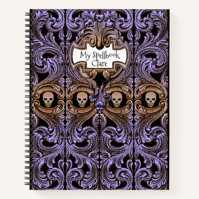 Personalise Goth Purple Ornament & Skull Spellbook Notebook (Front)