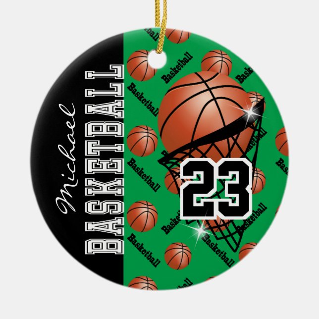 Personalise Green Basketball Ceramic Tree Decoration (Front)