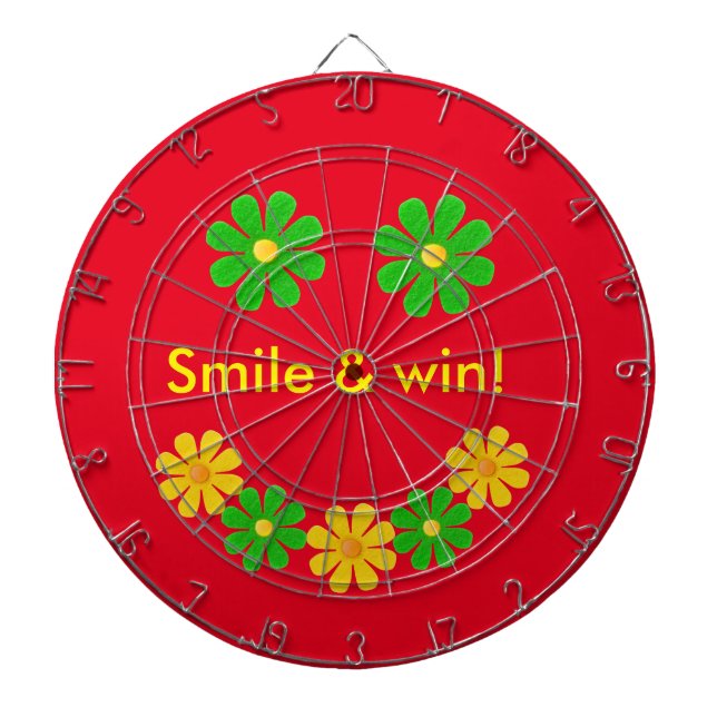 Personalise, green yellow smille flowers on red dartboard (Front)
