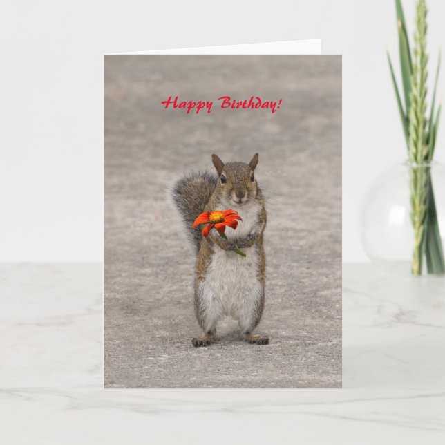 Personalise greetings Squirrel with flower Card (Front)