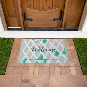 Personalise Grey Diamonds Teal Watercolor Diamonds Doormat