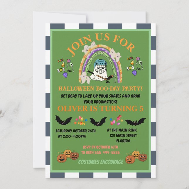 Personalise halloween hockey-themed kids' birthday invitation (Front)