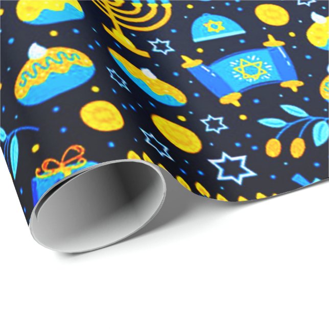 Personalise HANUKKAH Blue Gold Wrapping Paper (Roll Corner)