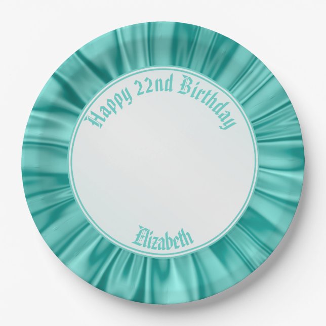 Personalise "Happy Birthday"  Faux Aqua Satin Paper Plate (Front)