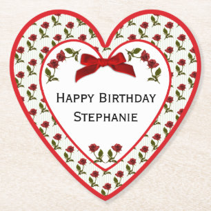 Personalise: Happy Birthday Red Roses Pattern Paper Coaster