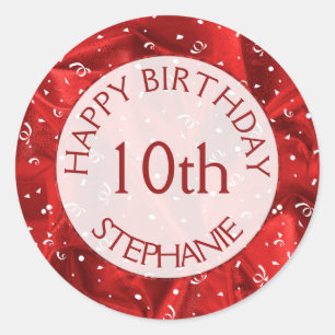 Personalise: "Happy Birthday" Red Textured Fabric Classic Round Sticker