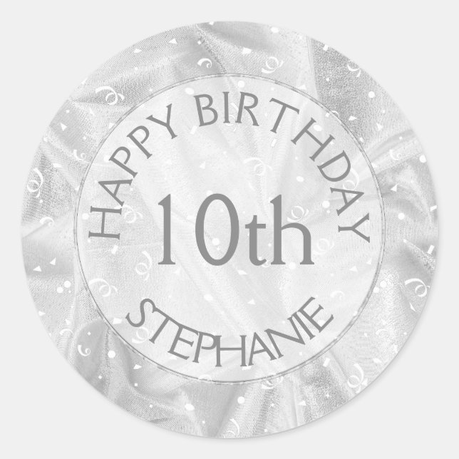 Personalise: "Happy Birthday" Silver Textured Classic Round Sticker (Front)