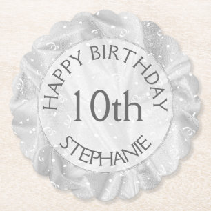 Personalise: "Happy Birthday" Silver Textured Paper Coaster