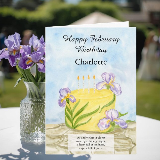 Personalise Happy February Irises Birthday Cake Card (Creator Uploaded)