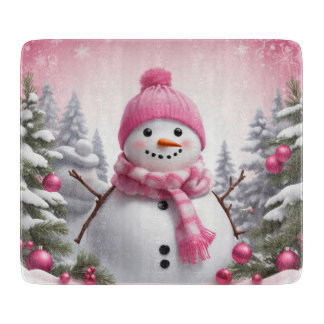 Personalise: Happy Pink Scarf Xmas Snowman Cutting Board