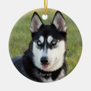 Personalise Happy playful Siberian Husky puppy Ceramic Tree Decoration