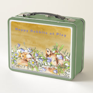Personalise Happy Rabbits at Play Among Flowers Metal Lunch Box