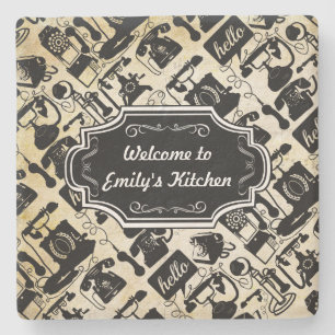 Personalise Hello Welcome to Kitchen Retro Phone Stone Coaster