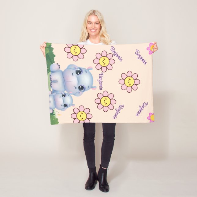 Personalise Hippo Baby Blanket Design With Flower  (In Situ)