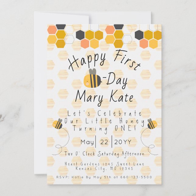 Personalise Honey Bee and Flowers First Birthday   Invitation (Front)
