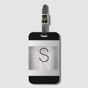 Personalise Initials, Black White, Brushed Steel Luggage Tag