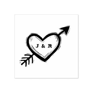 Personalise Initials Heart with Arrow Linocut Look Rubber Stamp