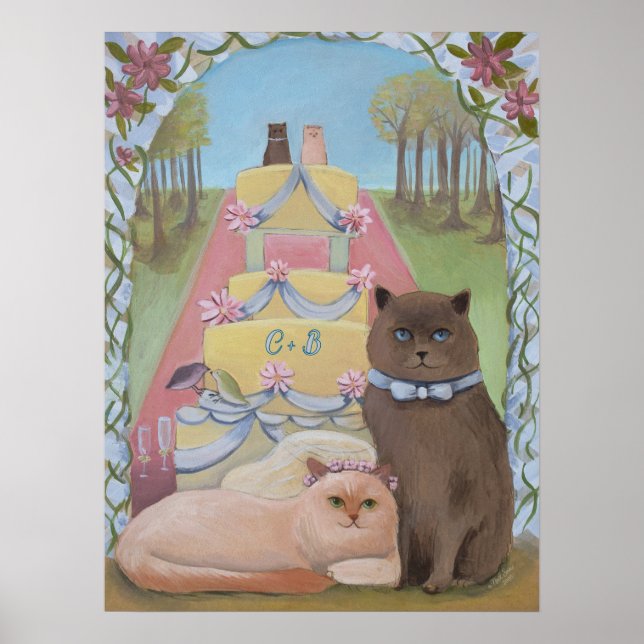Personalise Initials Wedding Bride & Groom Cat Poster (Front)