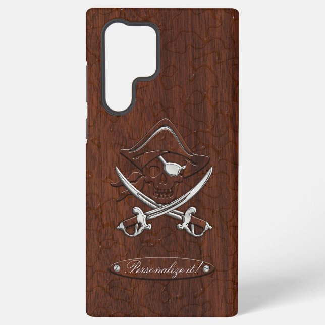 Personalise it! Wet Nautical Mahogany Pirate Skull Samsung Galaxy S22 Ultra Case (Back)