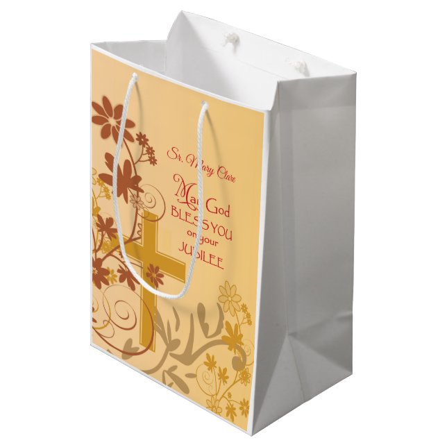 Personalise, Jubilee Anniversary Nun Cross, Swirls Medium Gift Bag (Front Angled)
