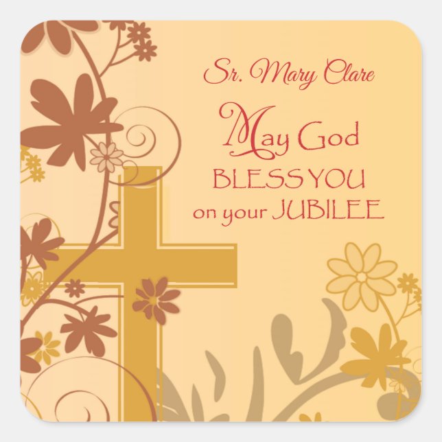 Personalise, Jubilee Anniversary Nun Cross, Swirls Square Sticker (Front)