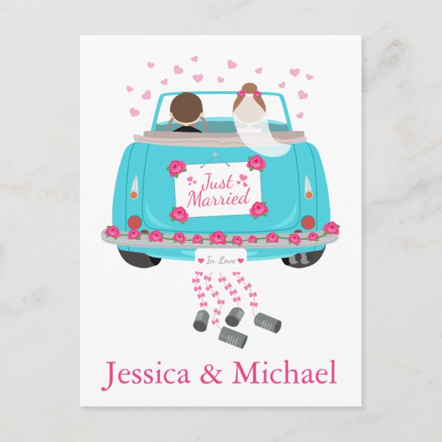 Personalise Just Married Blue Wedding Announcement Postcard (Front)