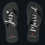 Personalise Just Married Flip Flops in black<br><div class="desc">These adorable black flip flops feature "Just Married" and your personalised name in white print with a red heart</div>