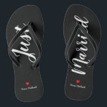 Personalise Just Married Flip Flops in black<br><div class="desc">These adorable black flip flops feature "Just Married" and your personalised name in white print with a red heart</div>